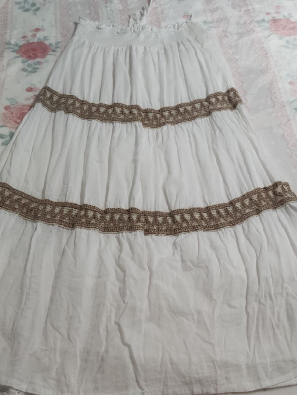 White Maxi Skirt with Brown Lace Trim - Picture 4 of 9